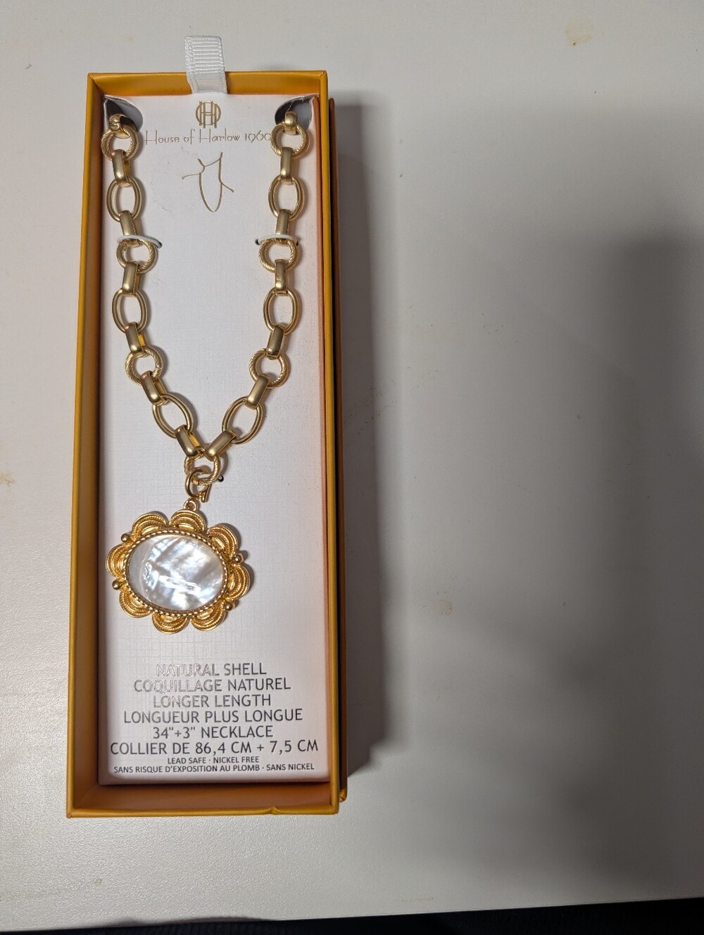 House of Harlow 1960 Gold Chain Necklace with White Shell Flower Pendant